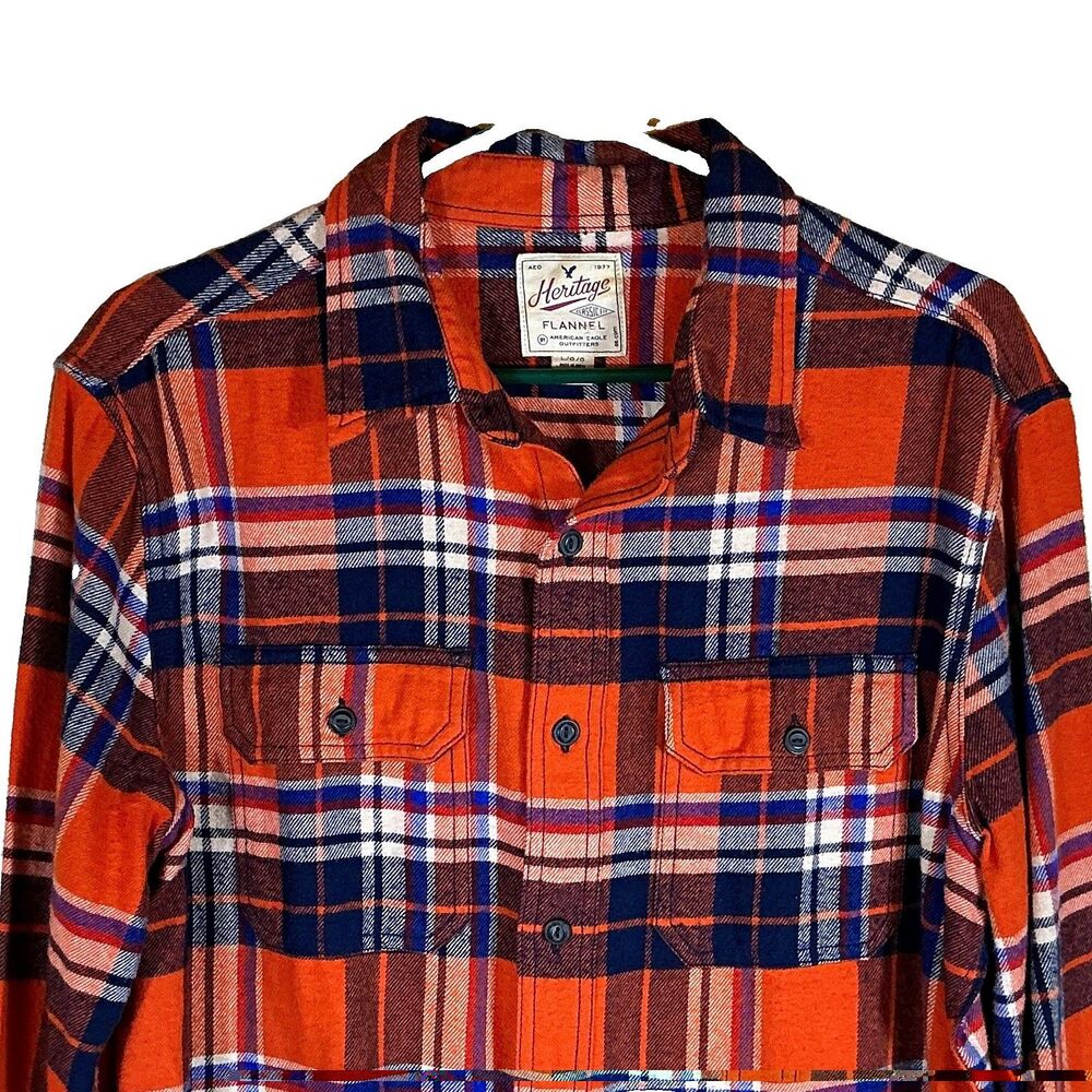 American Eagle AE Orange Heritage Mens Flannel Plaid LS Pockets Button L 1977